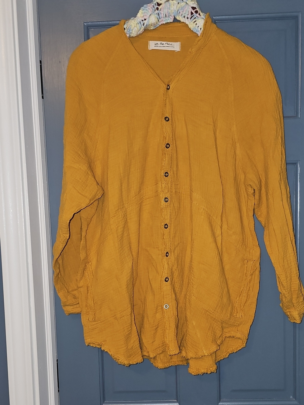 We The Free Shirt Medium Mustard Yellow Button Front Gauze Oversized Women